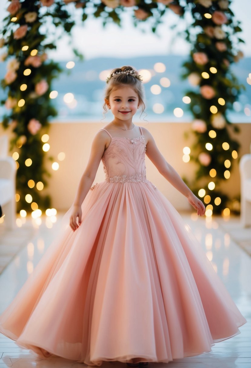 A young girl twirls in a blush pink ballgown, surrounded by flowers and twinkling lights