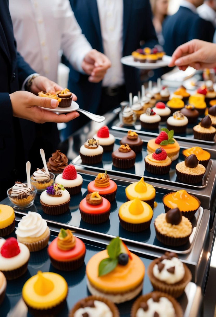 A colorful array of bite-sized desserts displayed on a sleek, modern dessert bar. Guests interact with the desserts, choosing their favorites to enjoy