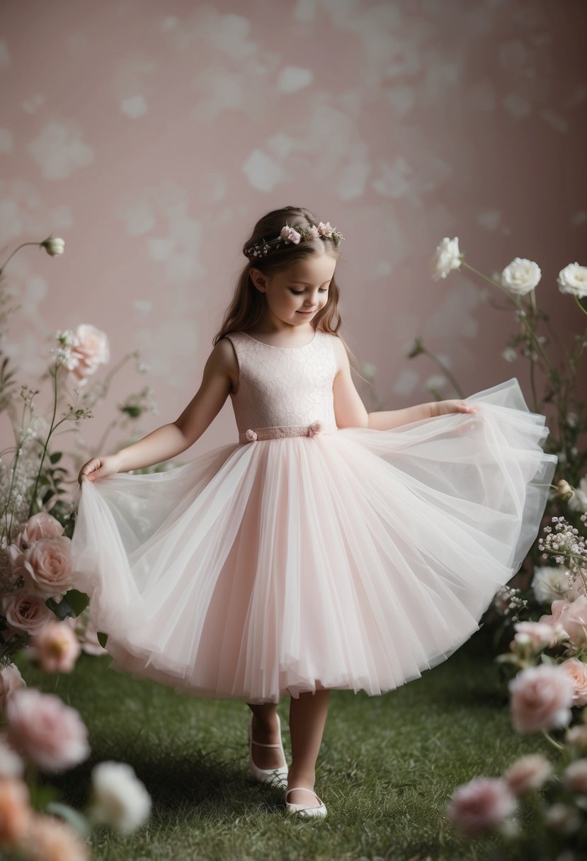 A young girl twirls in a flowing tulle dress, surrounded by delicate flowers and soft pastel colors