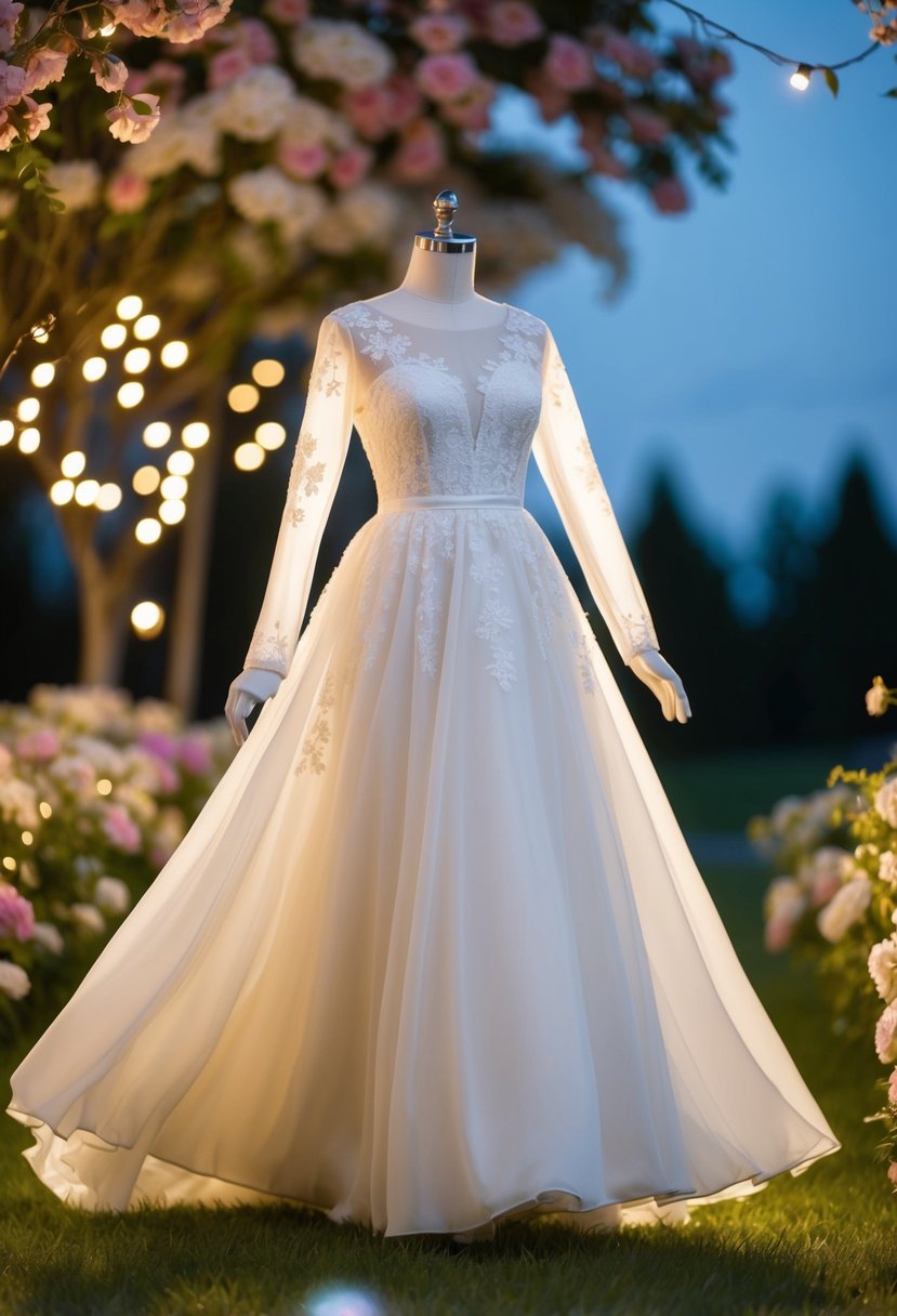 An A-line dress with delicate lace details, flowing gracefully in the breeze, surrounded by blooming flowers and twinkling lights