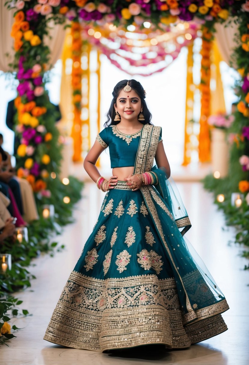 A young girl twirls in a modern asymmetrical lehenga with intricate embroidery, surrounded by colorful floral decorations at a wedding