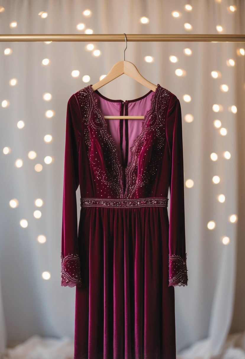 A velvet long sleeve dress hangs on a hanger, adorned with delicate lace and intricate beading, set against a backdrop of soft, ethereal lighting