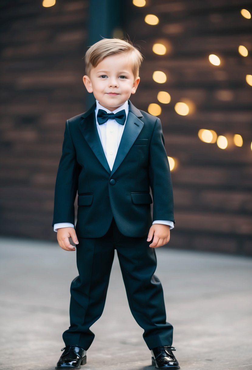 A young boy wearing a mini tuxedo with a sleek black jacket, crisp white shirt, and a matching bowtie, standing with confidence