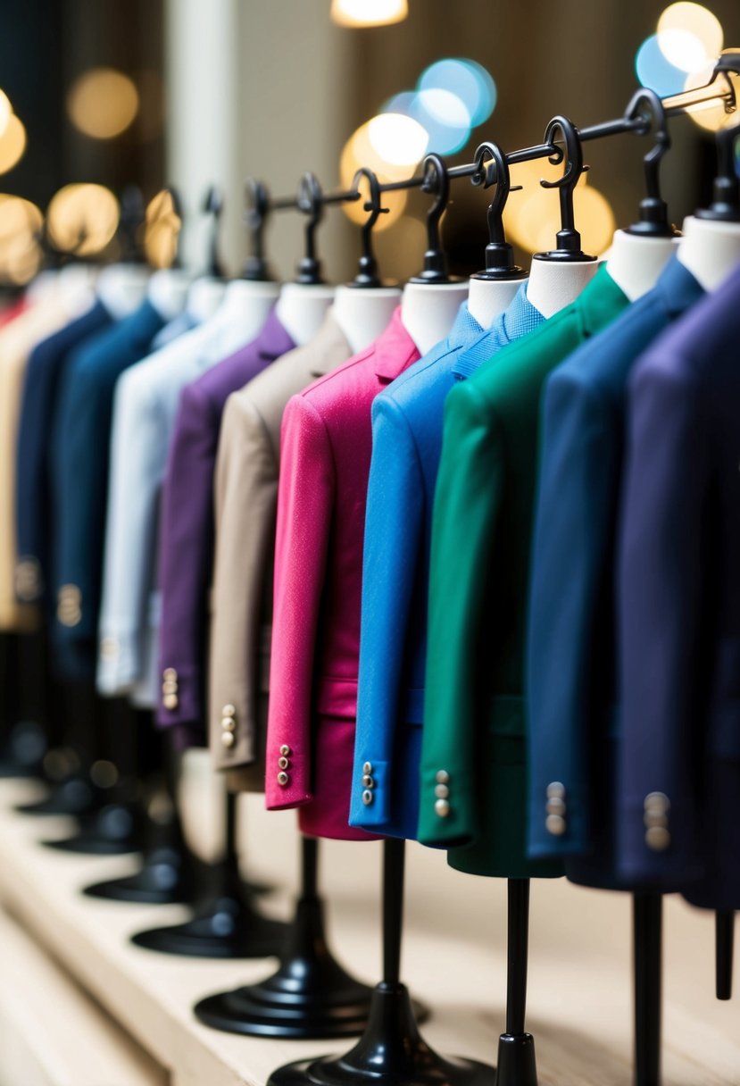 A row of miniature tailored suits in various colors and styles displayed on mannequins