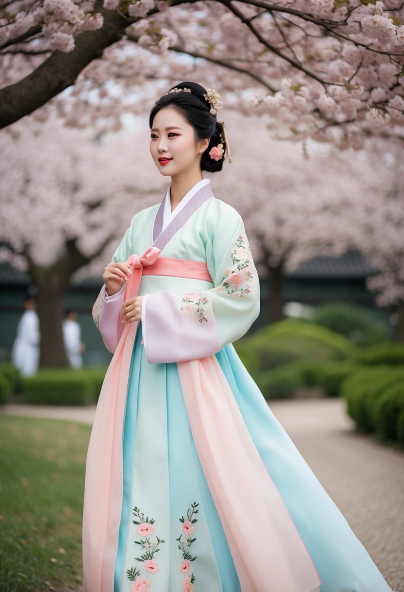 A traditional Korean hanbok in soft pastel colors, adorned with delicate floral embroidery and a flowing silhouette, set against a backdrop of cherry blossoms and a serene garden