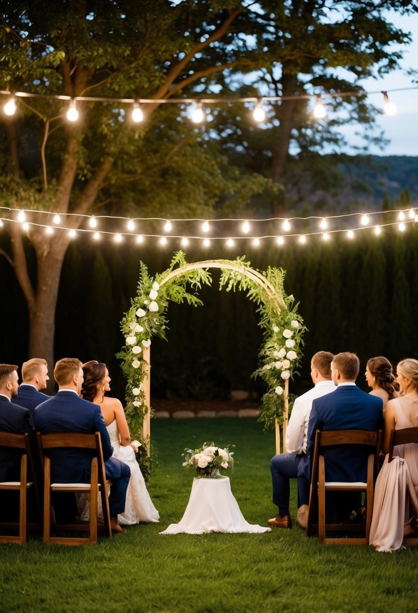 A cozy backyard wedding with twinkling lights, a simple arch, and intimate seating for a small group of loved ones