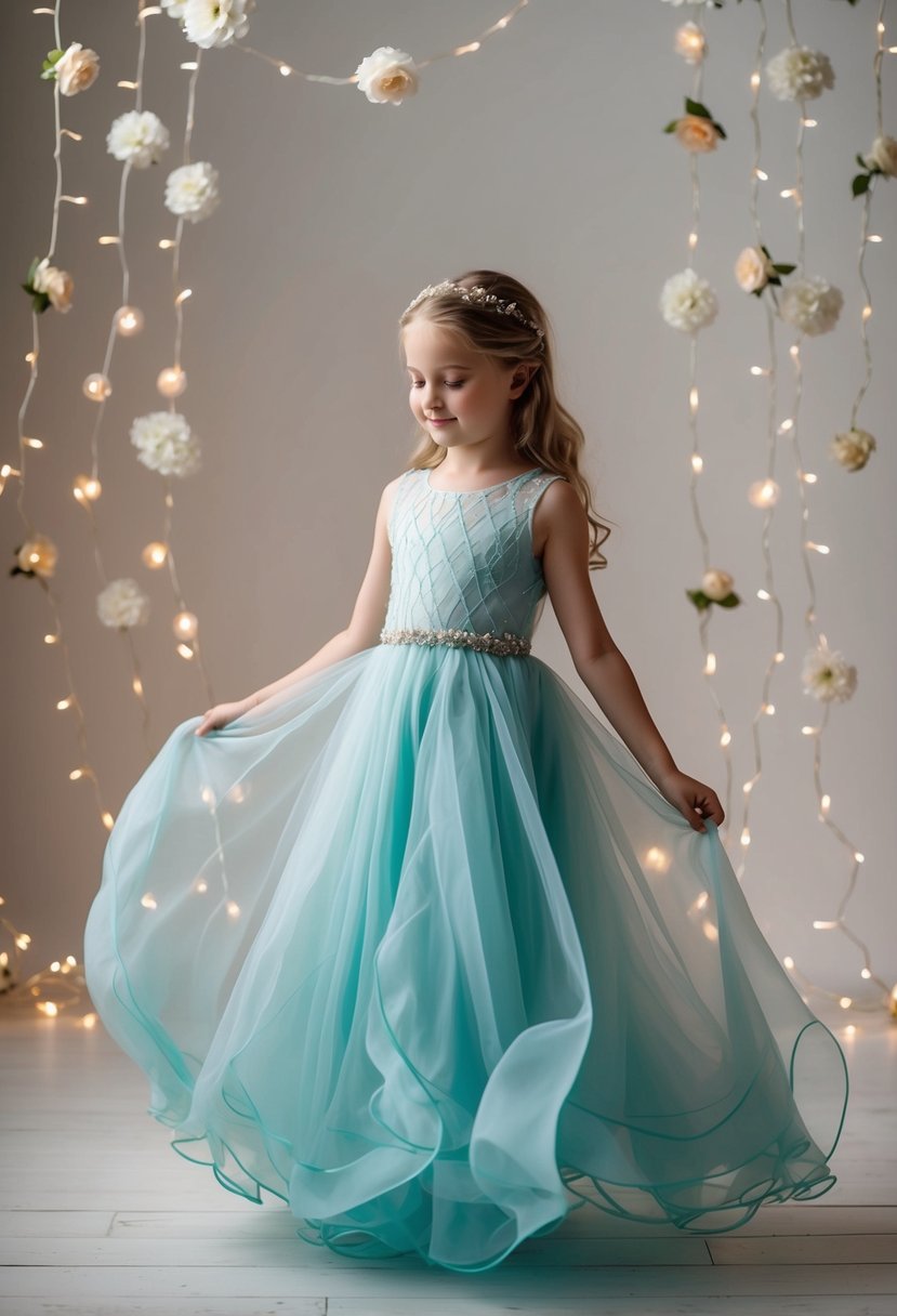 A young girl twirls in a flowing organza dress, surrounded by delicate flowers and twinkling lights