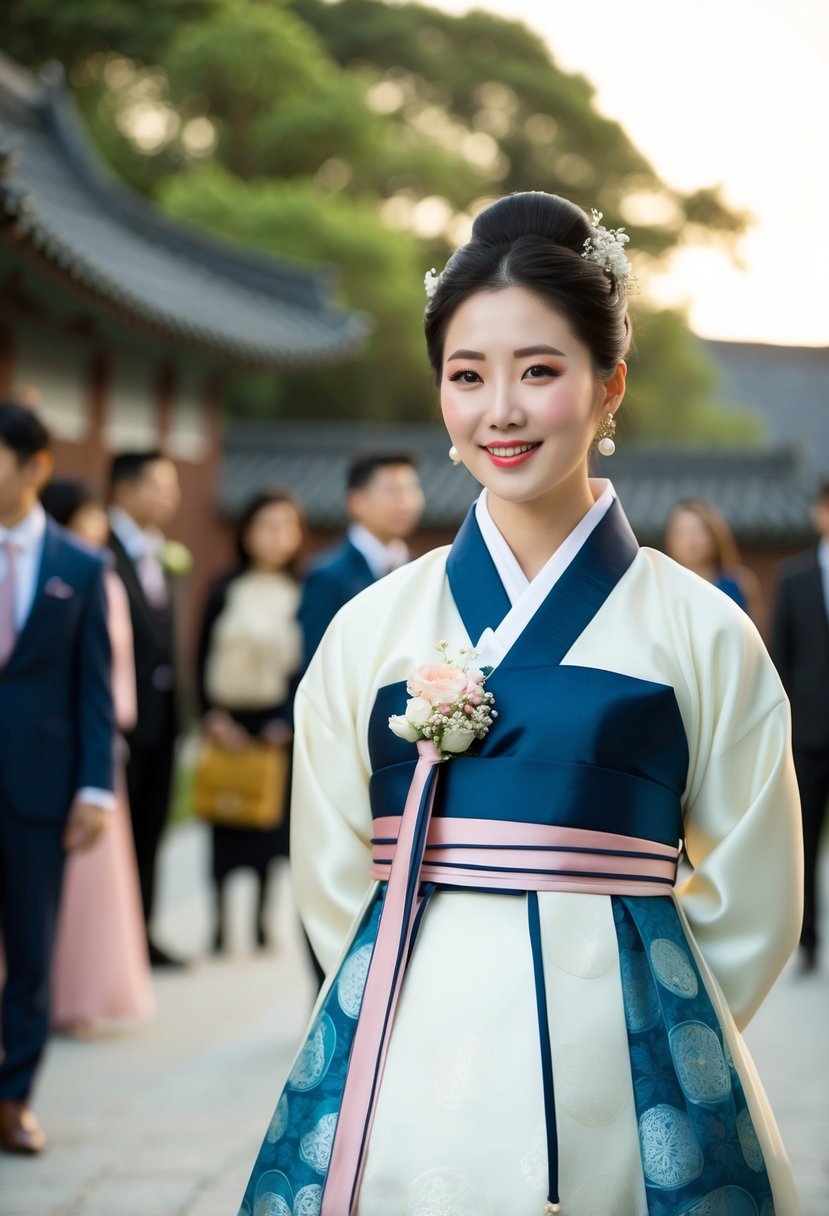 A silk Hanbok with a modern twist, featuring elegant Korean dress ideas for a wedding guest