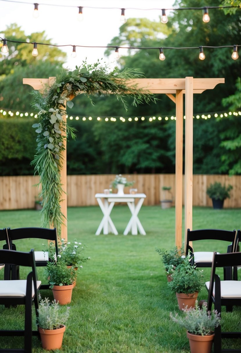 A cozy backyard ceremony with a simple wooden arch, draped with greenery, surrounded by small potted plants and twinkling string lights