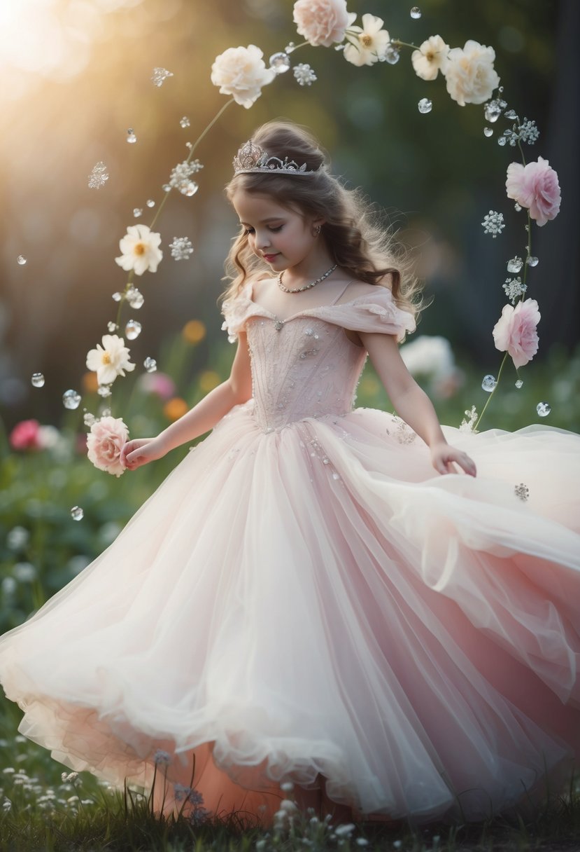 A young princess twirls in a flowing tulle gown, surrounded by delicate flowers and sparkling jewels