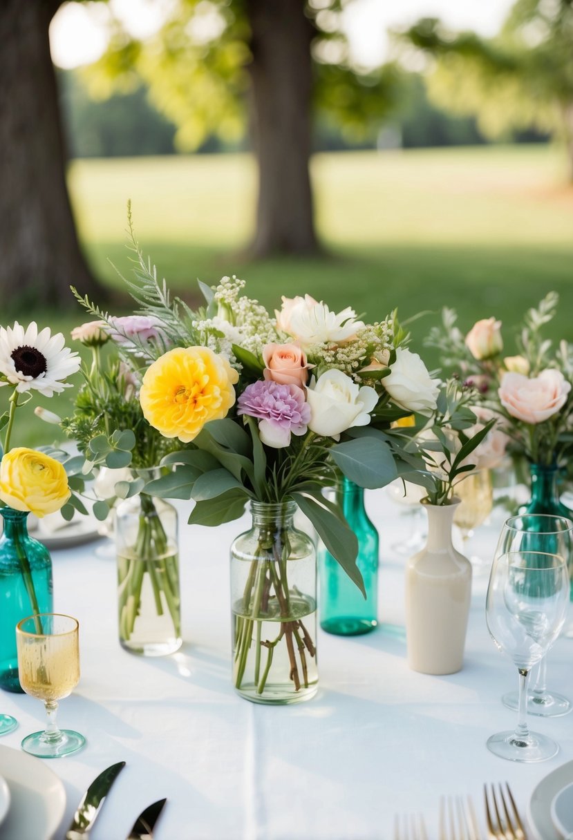 A table with assorted flowers, vases, and greenery for DIY floral arrangements at a small, low-key wedding