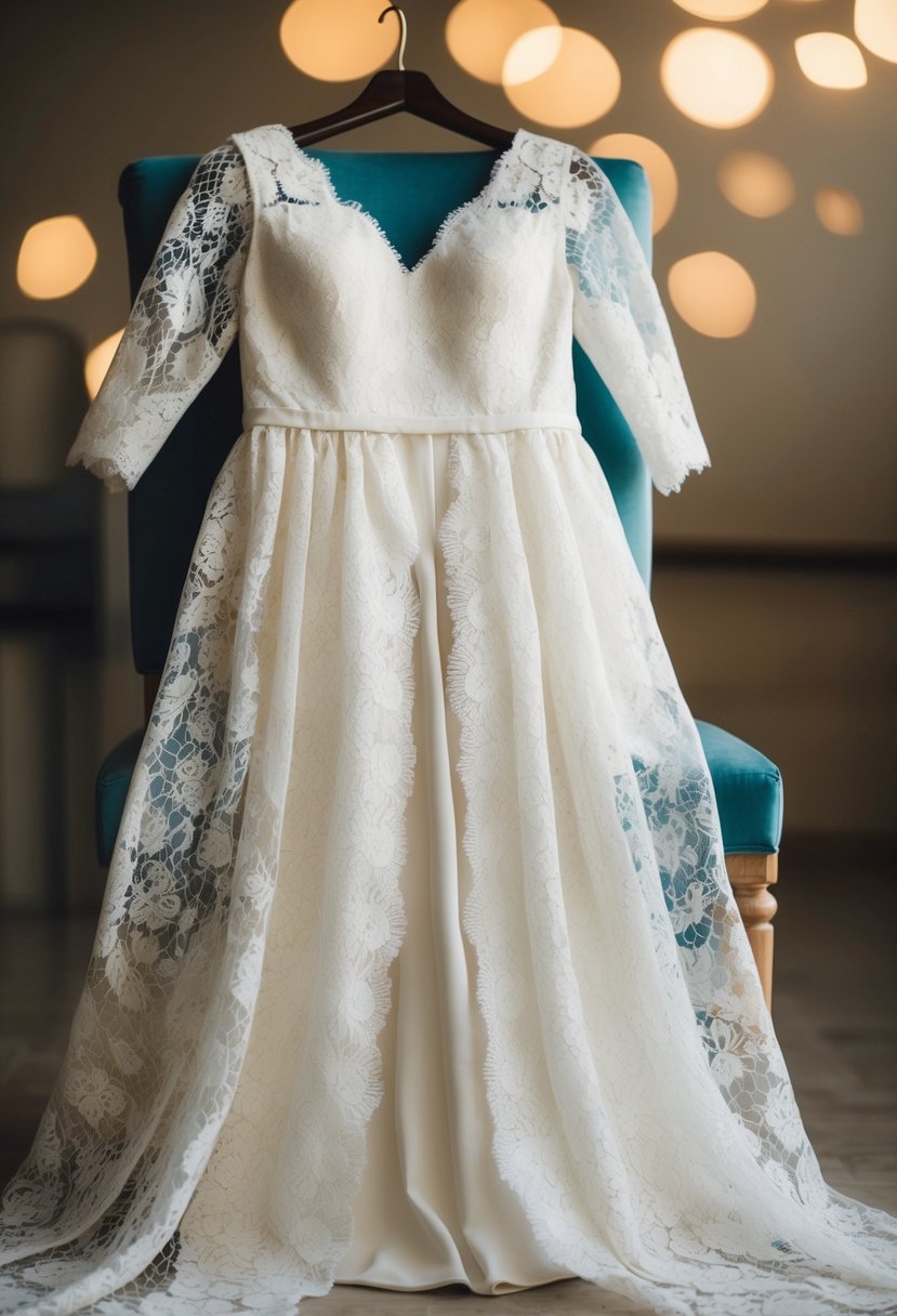 A lace overlay A-line dress draped over a chair, with soft lighting highlighting its elegant details