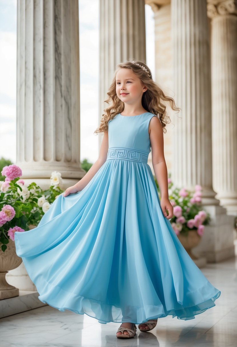 A young girl twirls in a flowing Greek-style empire dress, surrounded by blooming flowers and elegant marble columns