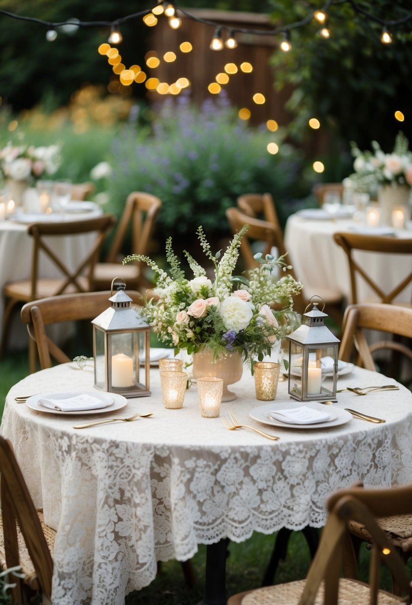 A cozy outdoor garden adorned with vintage lanterns, lace tablecloths, and delicate floral arrangements for a small, intimate wedding celebration