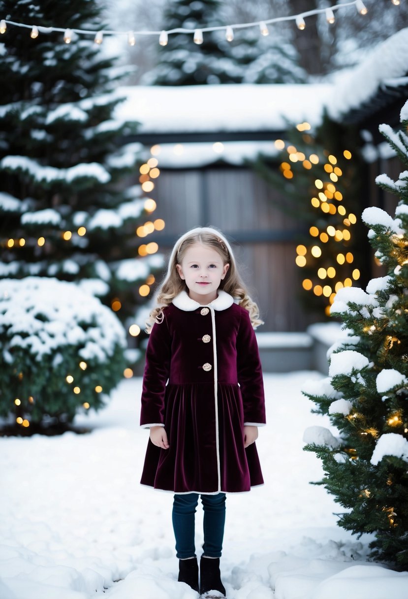 A young girl in a winter velvet dress and wool coat stands in a snowy garden, surrounded by twinkling lights and snow-covered trees