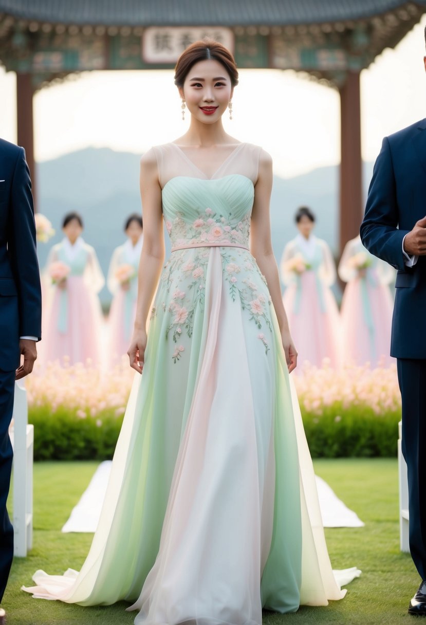 A flowing chiffon empire waist gown in soft pastel hues, with delicate floral embroidery, set against a backdrop of a traditional Korean wedding ceremony