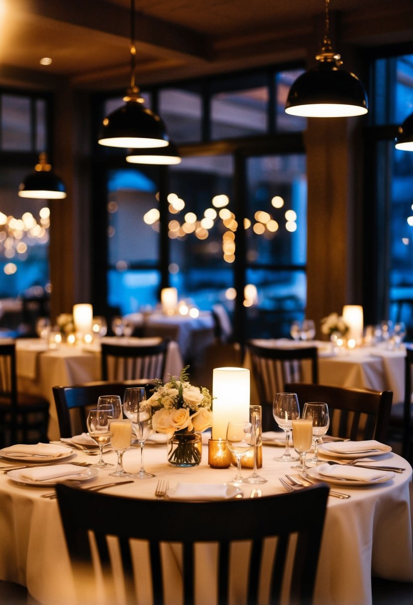 A cozy restaurant reception with soft lighting, small tables, and a warm ambiance for an intimate wedding celebration