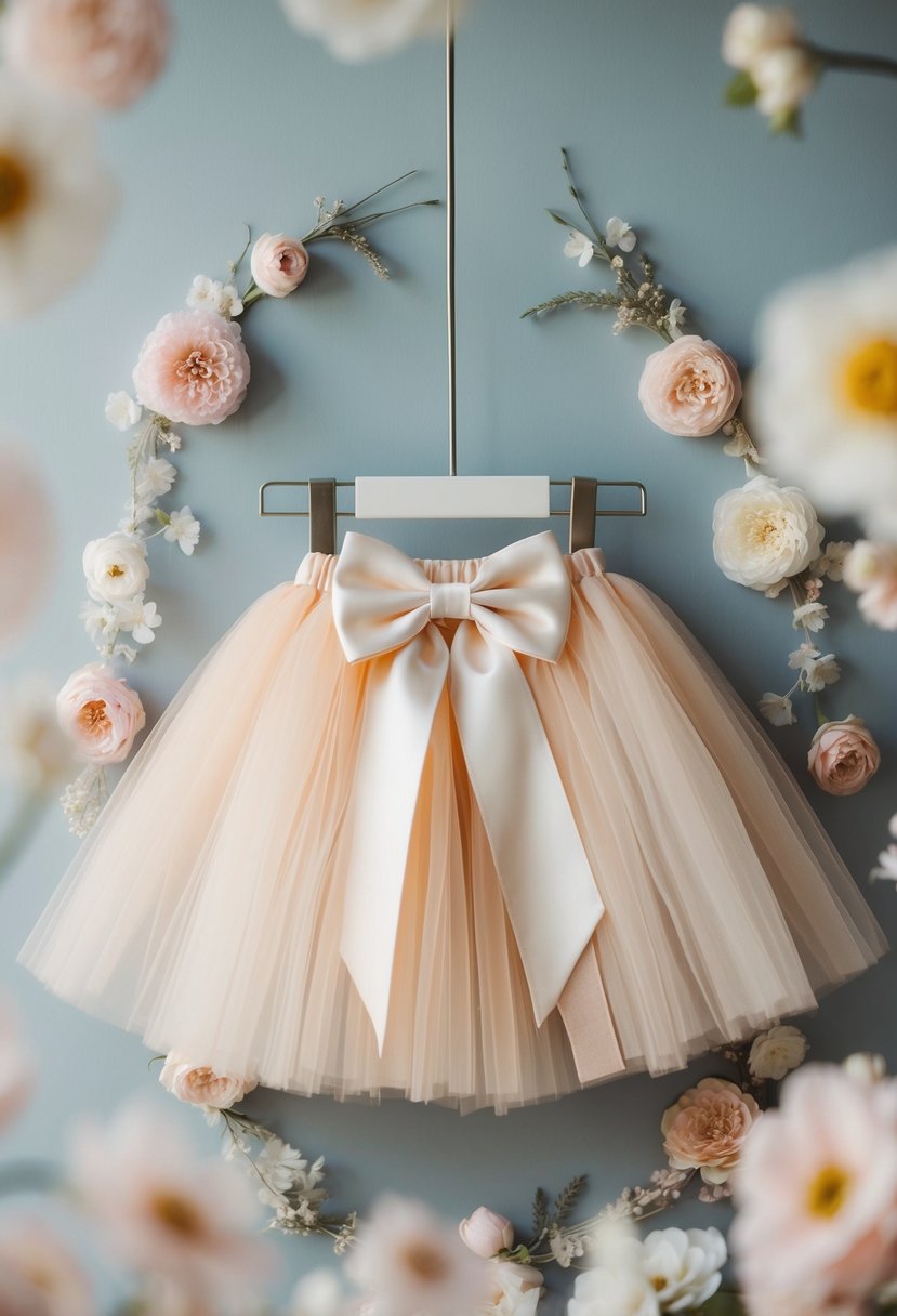 A child's elegant tulle skirt with a large bow, surrounded by delicate floral accents and soft, flowing fabric