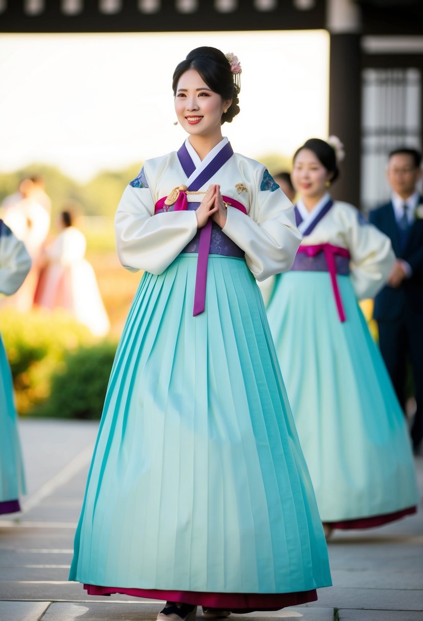 A woman in a traditional Hanbok with a pleated skirt, standing gracefully at a wedding celebration