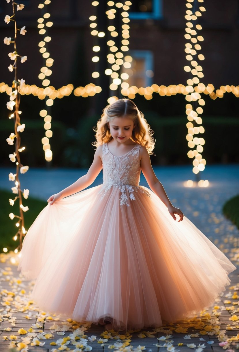 A young girl twirls in a floor-length tulle dress, surrounded by flower petals and twinkling lights