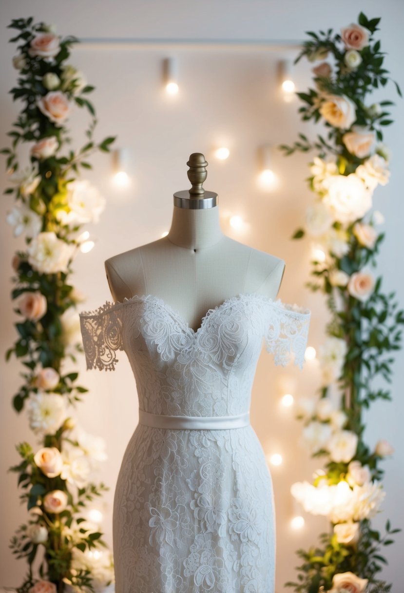 An elegant off-shoulder lace dress displayed on a mannequin, surrounded by soft lighting and delicate floral decor