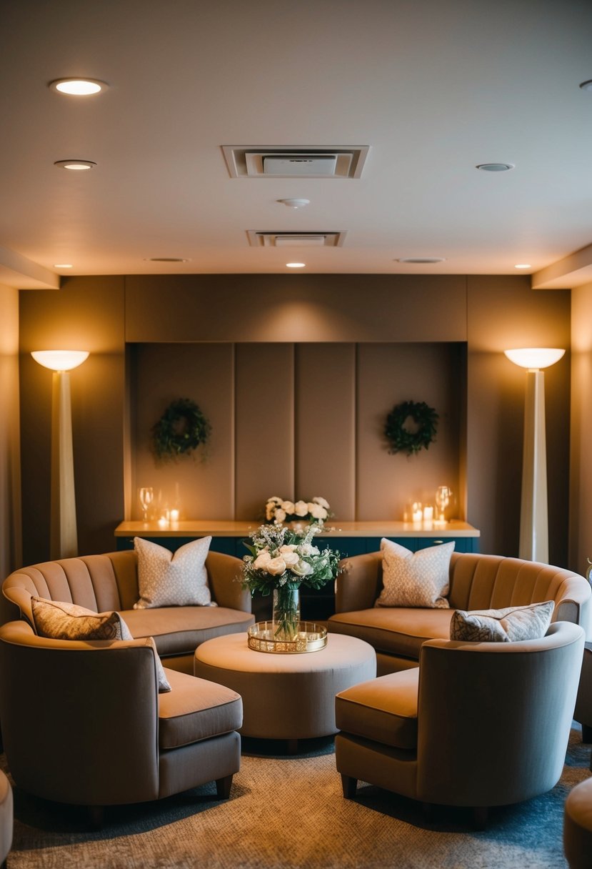 A cozy lounge area with soft seating, warm lighting, and subtle decor creates an intimate atmosphere for a small, low-key wedding