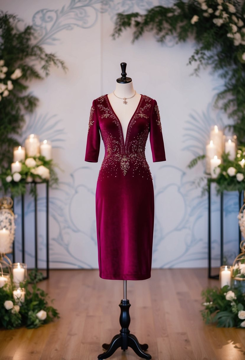 A velvet midi dress with intricate embellishments, set against a backdrop of elegant Korean-inspired wedding decor