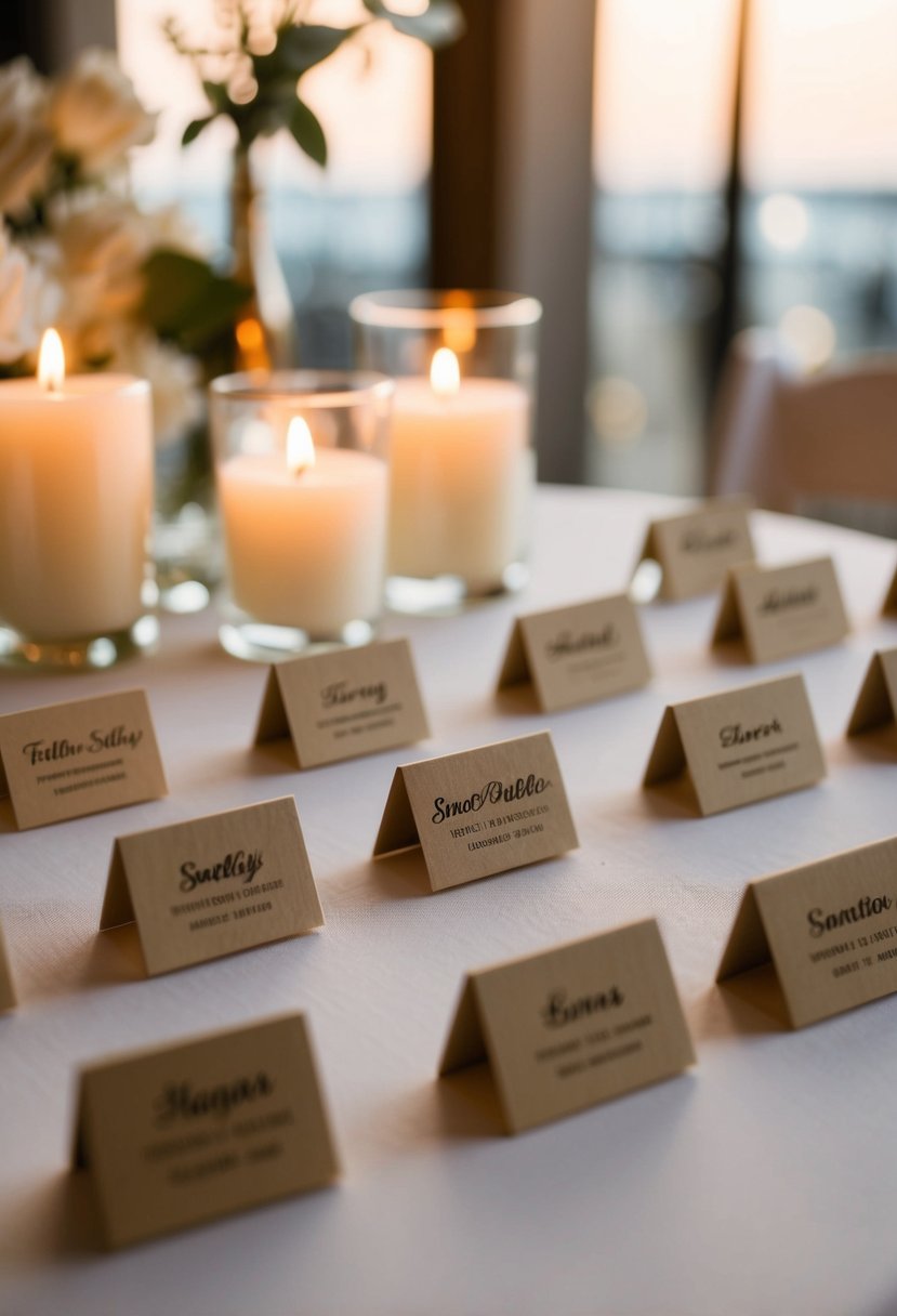 A table with small, personalized wedding favors arranged neatly. Soft candlelight creates a warm, intimate atmosphere for the low-key celebration