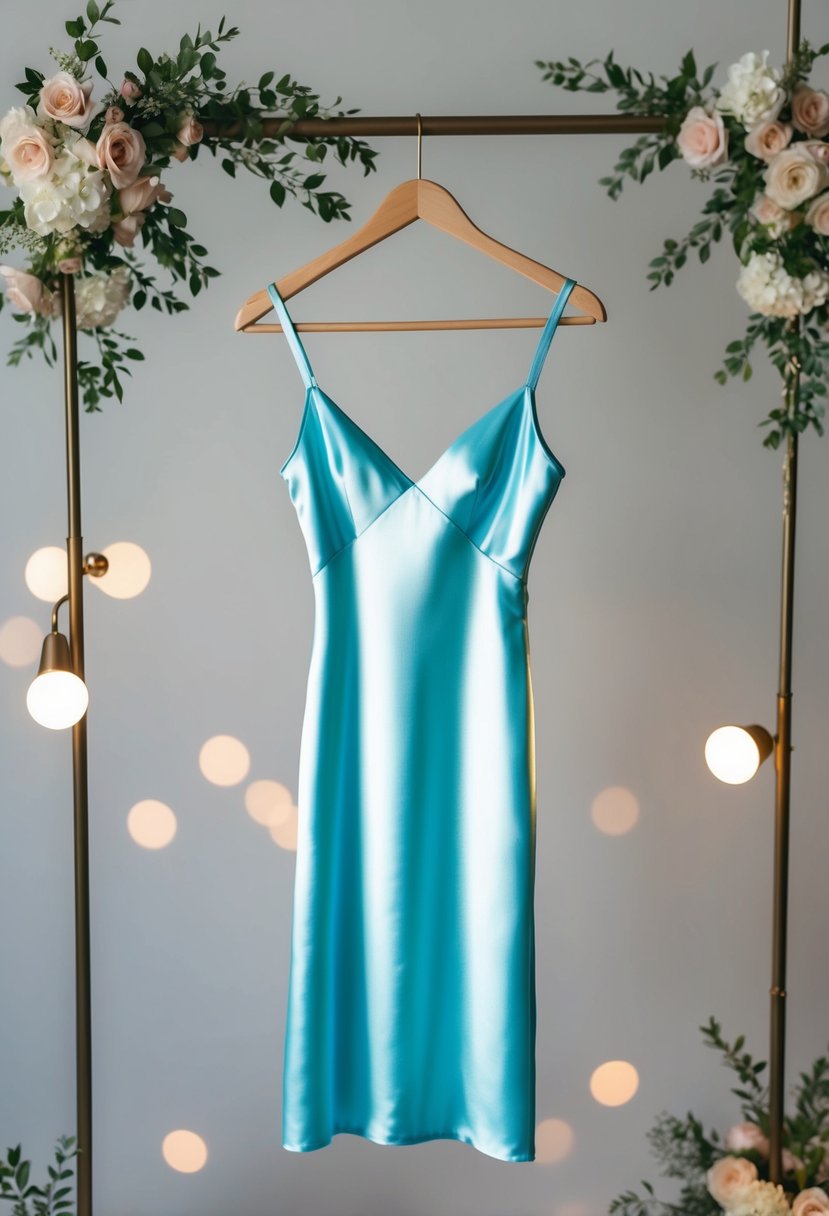 A minimalist satin slip dress on a hanger, surrounded by soft lighting and delicate floral accents