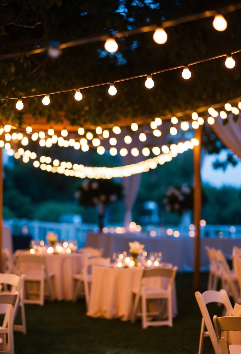 Soft string lights create a warm ambiance in an intimate wedding setting