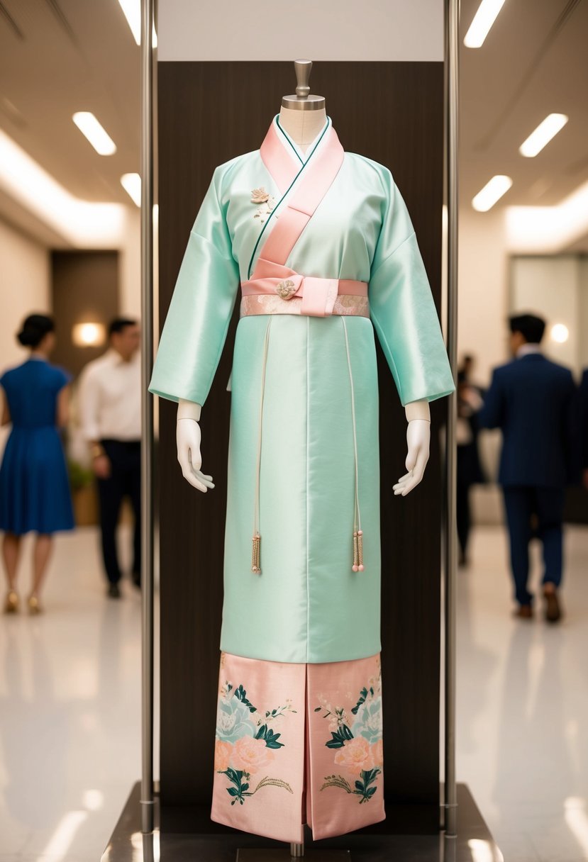 A pastel-colored hanbok displayed on a modern mannequin for a wedding guest