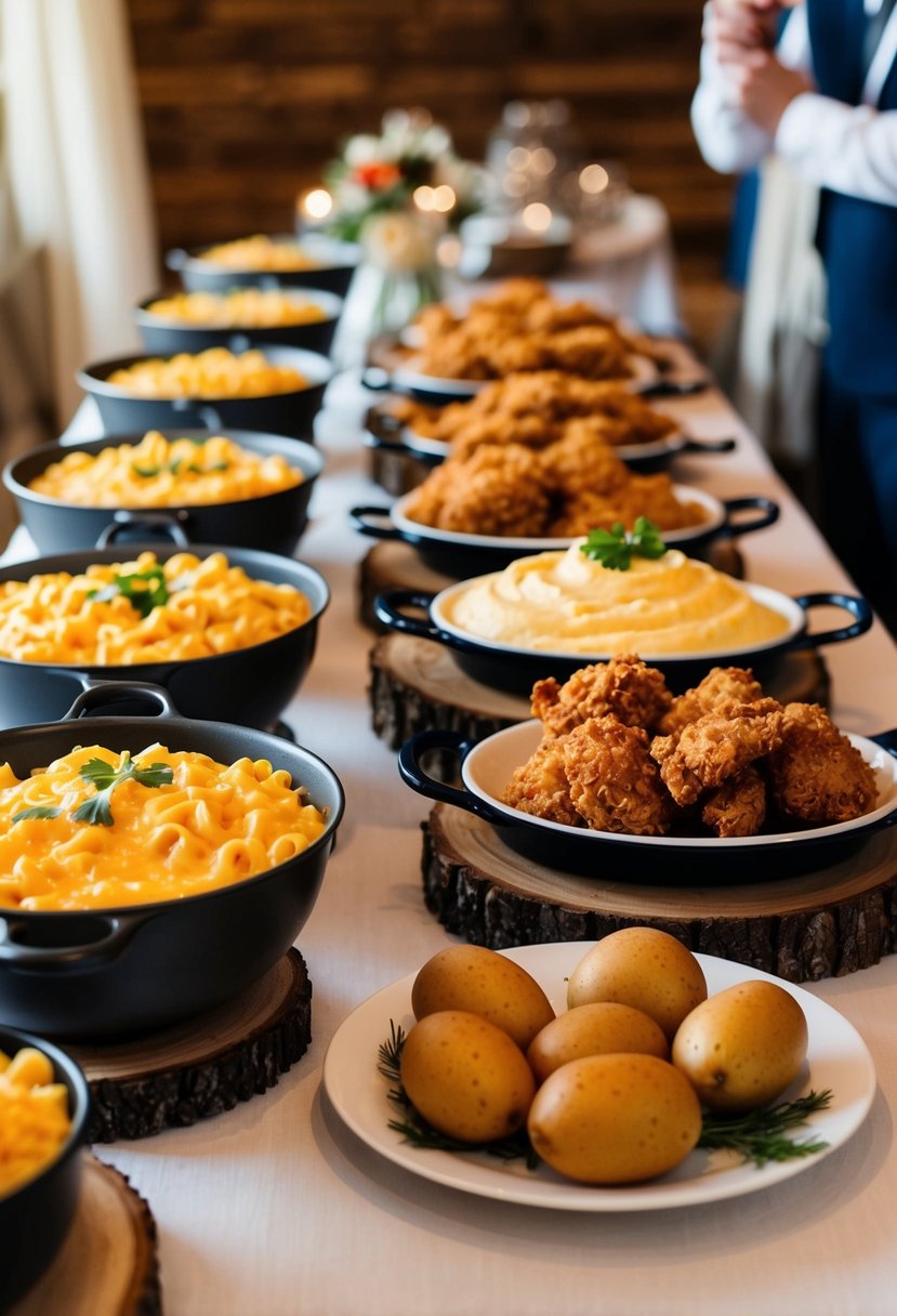 A cozy, rustic wedding reception with a buffet of classic comfort foods like mac and cheese, fried chicken, and mashed potatoes