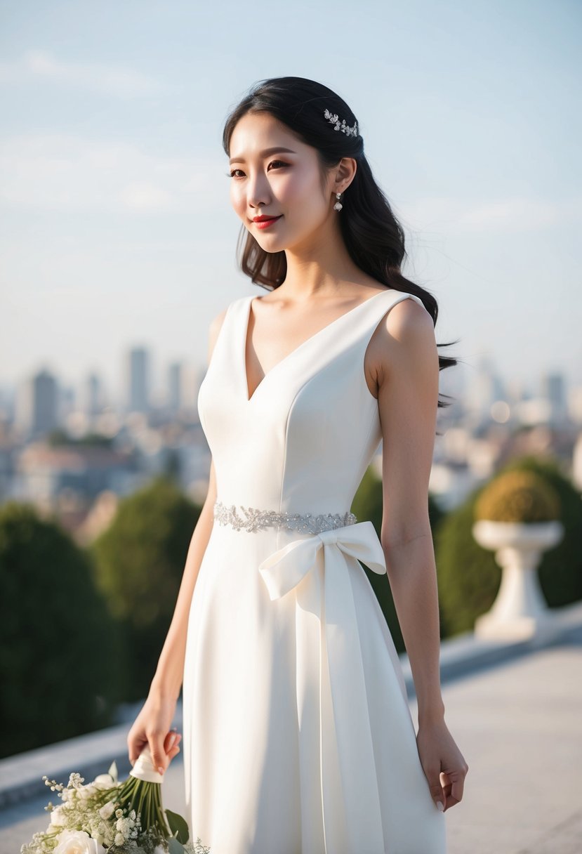 An elegant maxi dress with Korean ribbon detail, perfect for a wedding guest