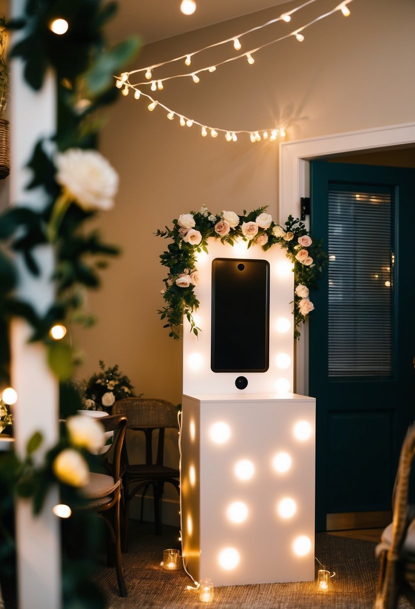 A cozy, intimate setting with a small custom photo booth at a low-key wedding. Fairy lights and floral decor add a touch of romance to the scene