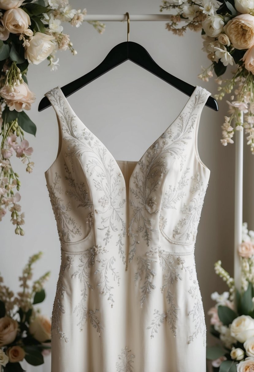 An embroidered sheath dress hangs on a hanger, surrounded by delicate floral decorations and soft lighting