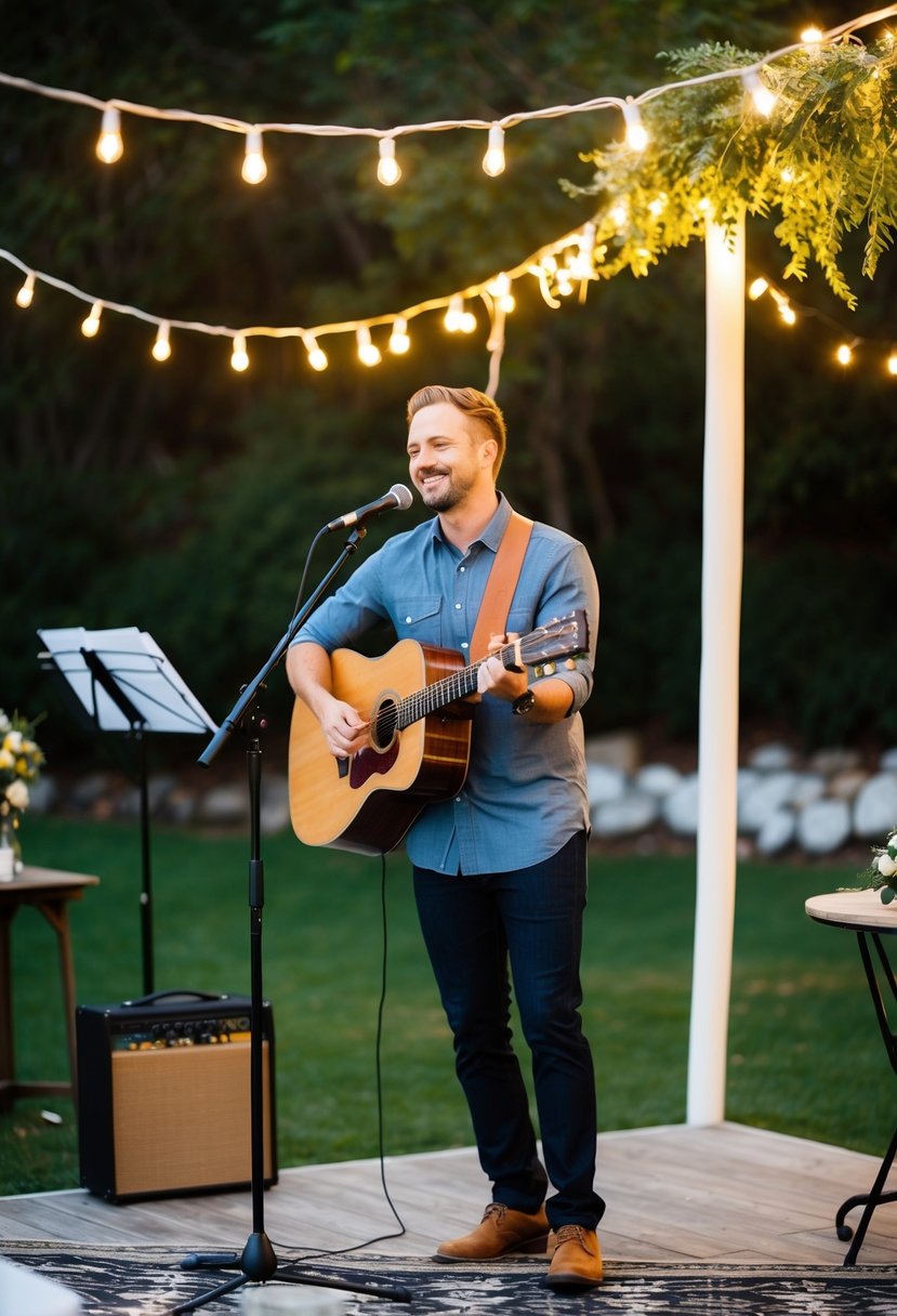 A cozy outdoor setting with twinkling lights and a small stage, where a musician performs live acoustic music for an intimate wedding celebration