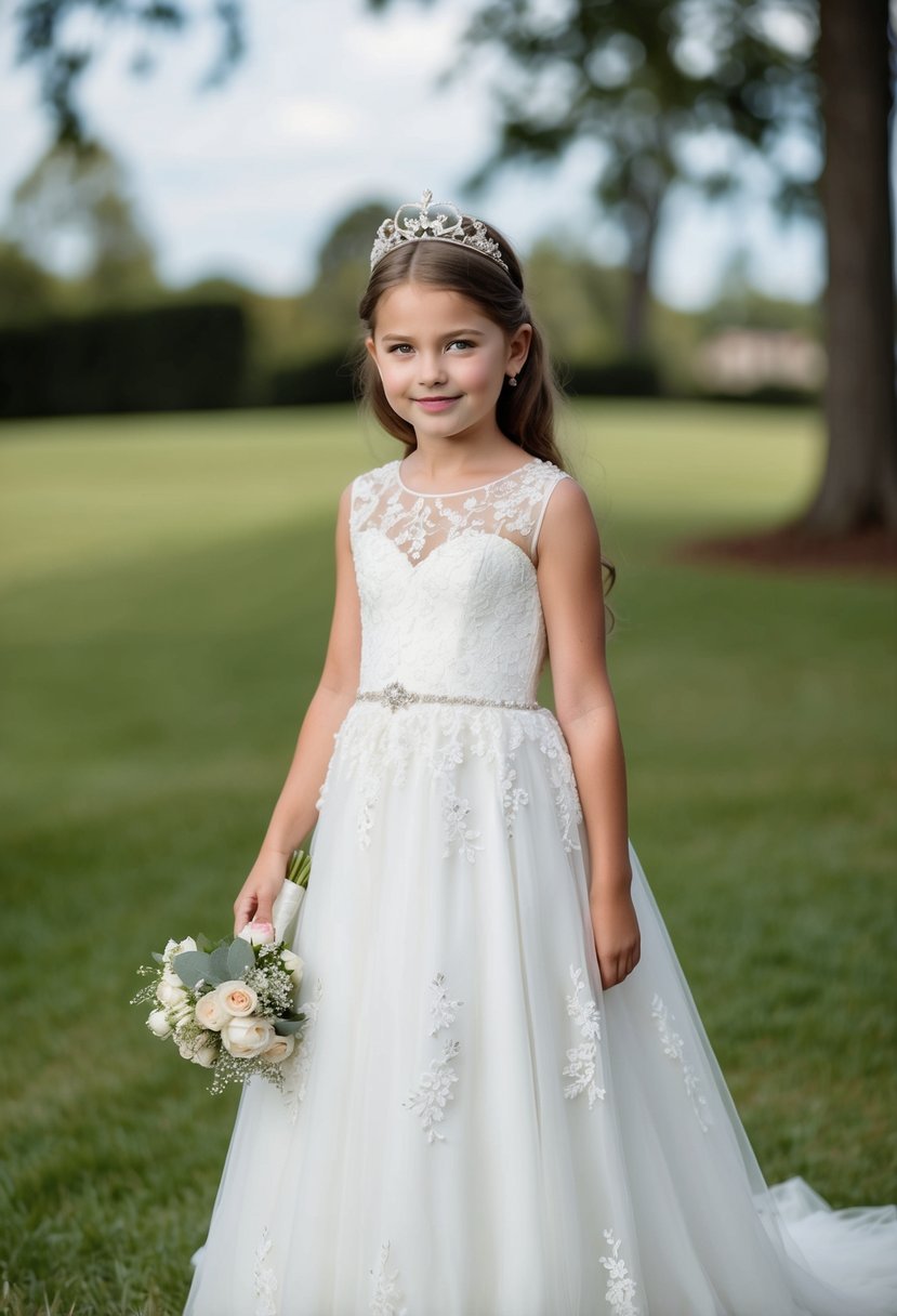 A young girl in a white, floor-length gown with lace and floral embellishments, wearing a tiara and holding a small bouquet