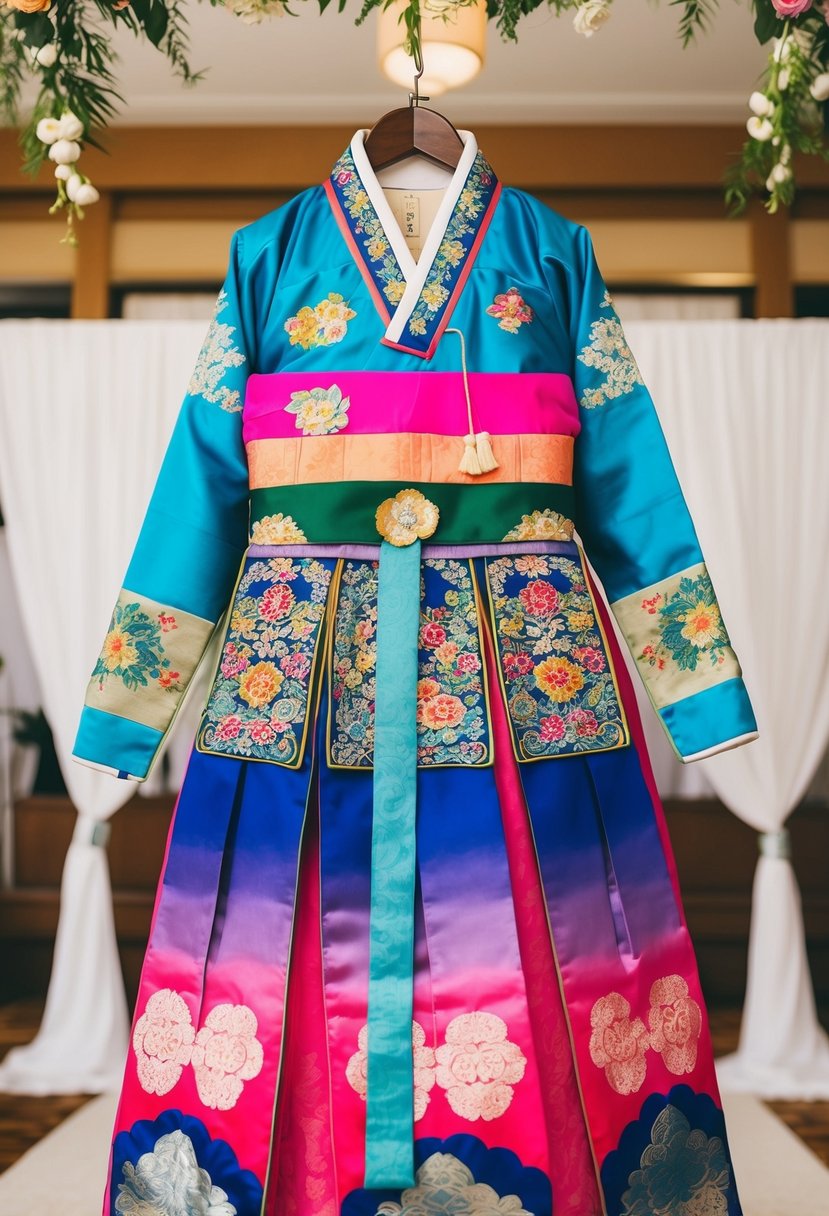 A traditional Korean hanbok set displayed on a hanger, with intricate embroidery and vibrant colors, set against a backdrop of a wedding venue