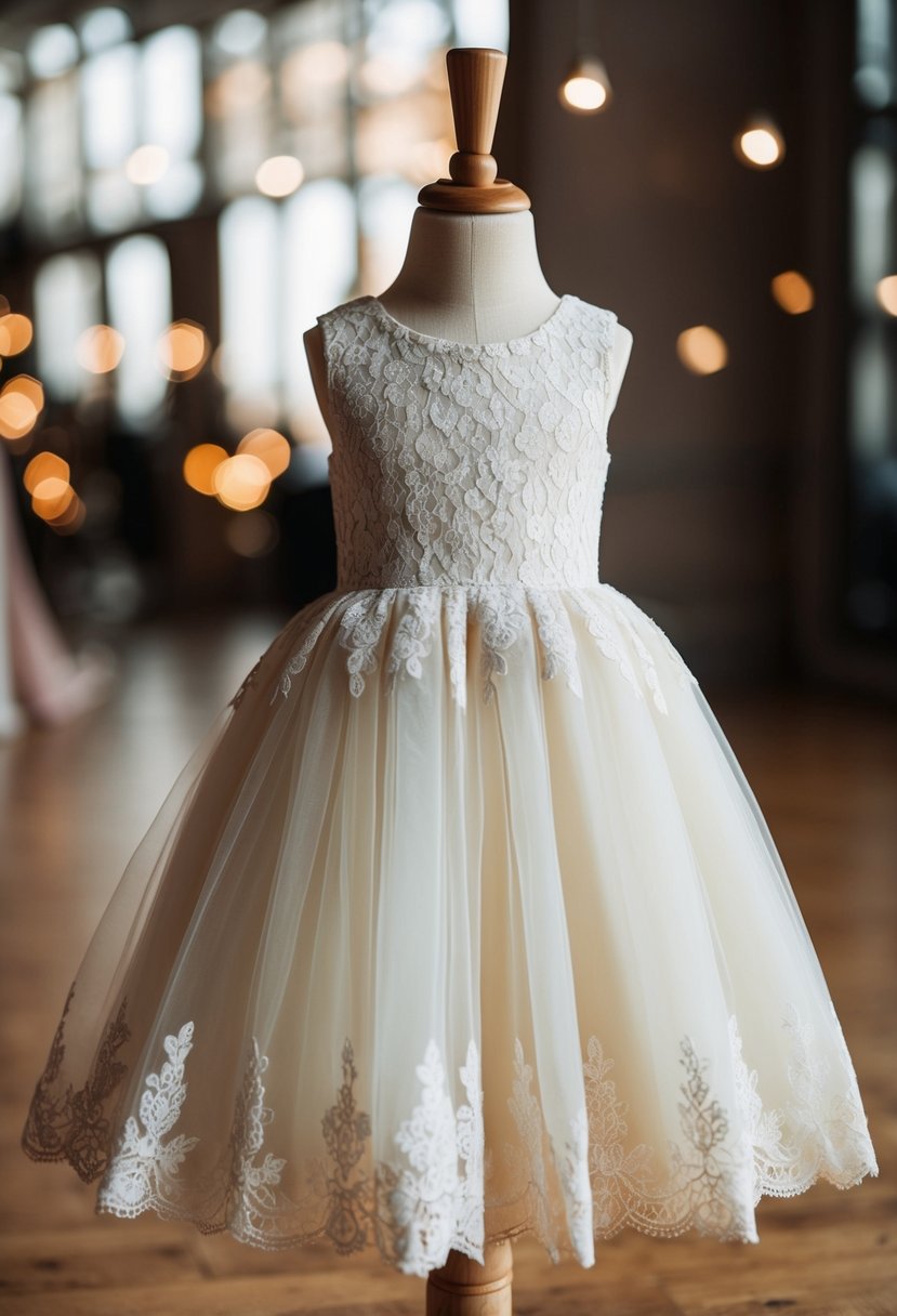 An ivory lace gown with a tulle skirt on a child-sized mannequin