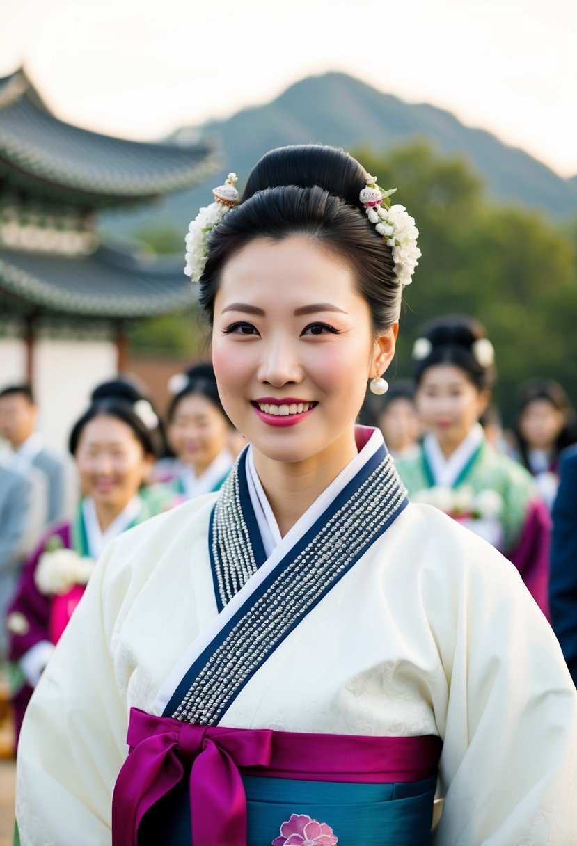 A classic Hanbok with a beaded collar, worn by a wedding guest, exudes elegance and traditional Korean beauty