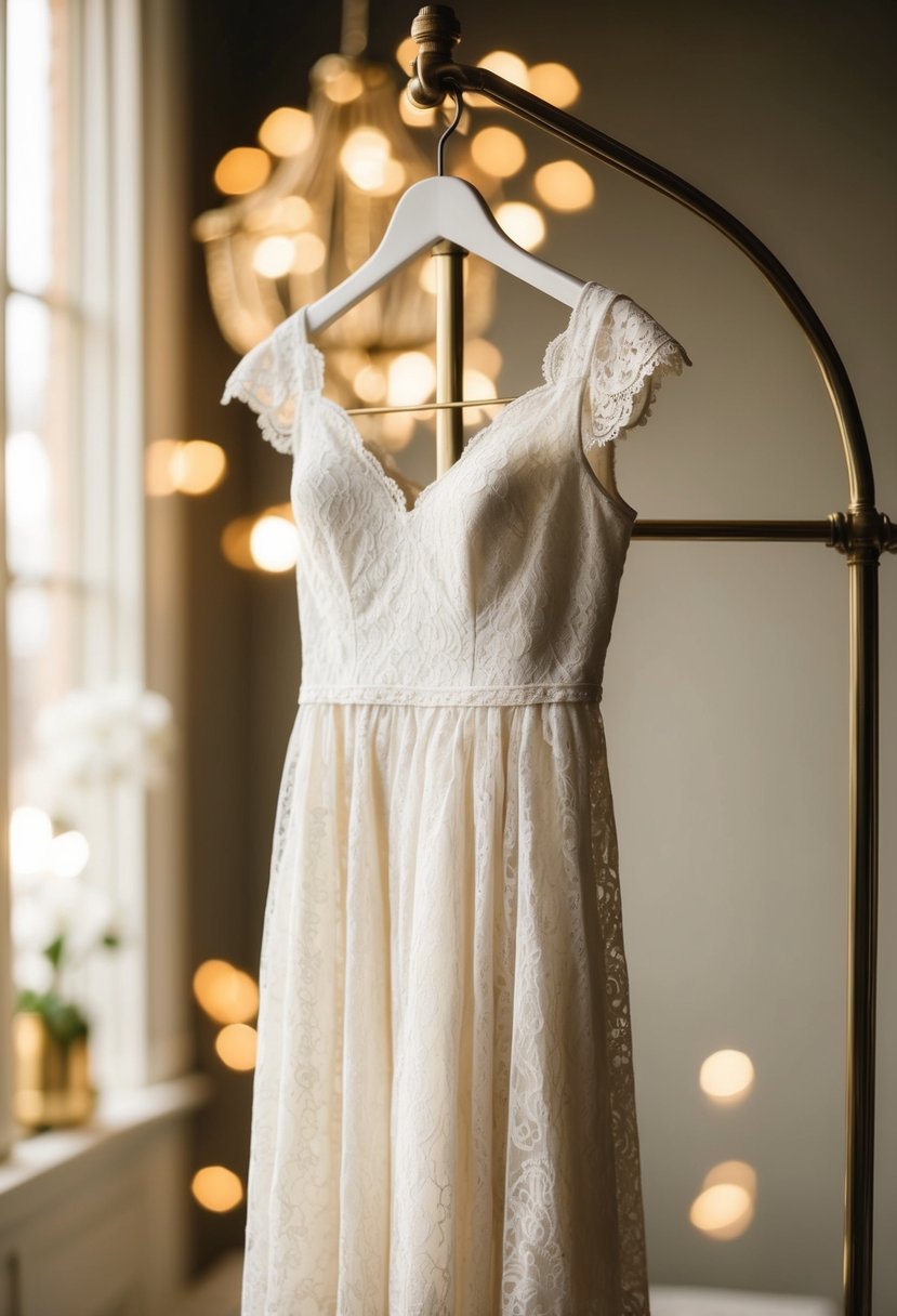 A lace tea-length dress hangs on a vintage-inspired mannequin