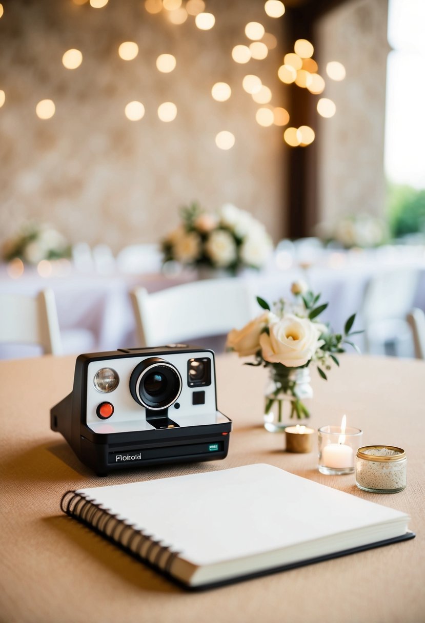 A table with a vintage Polaroid camera, blank guestbook, and a scattering of small, low-key wedding decorations