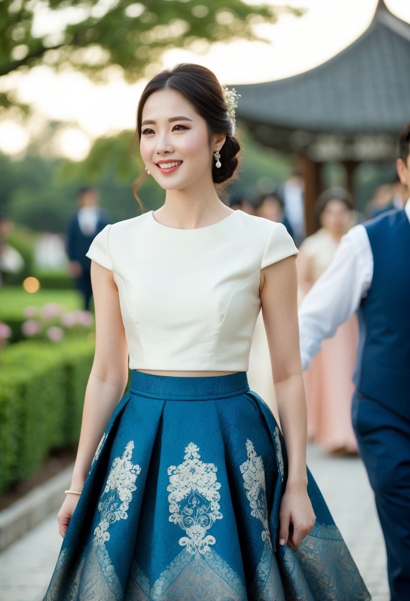 A brocade skirt with a fitted top, adorned with elegant Korean designs, worn by a wedding guest