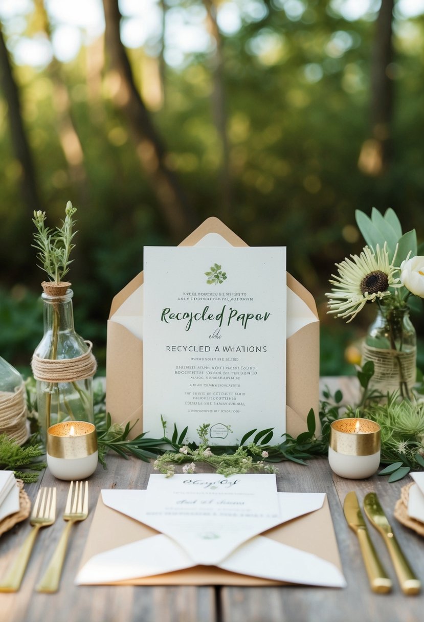 A serene outdoor setting with recycled paper invitations, surrounded by nature and sustainable decor