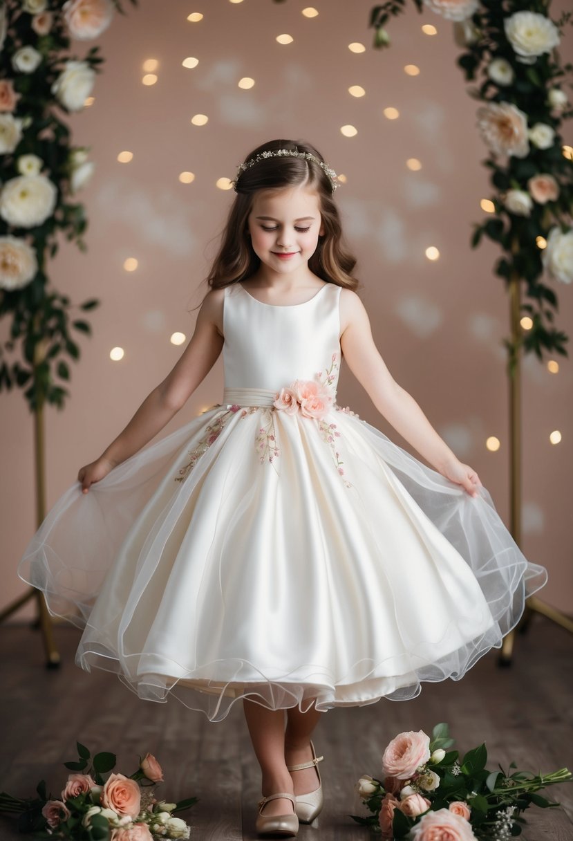 A young girl twirls in a satin dress with delicate organza details, surrounded by flowers and soft lighting