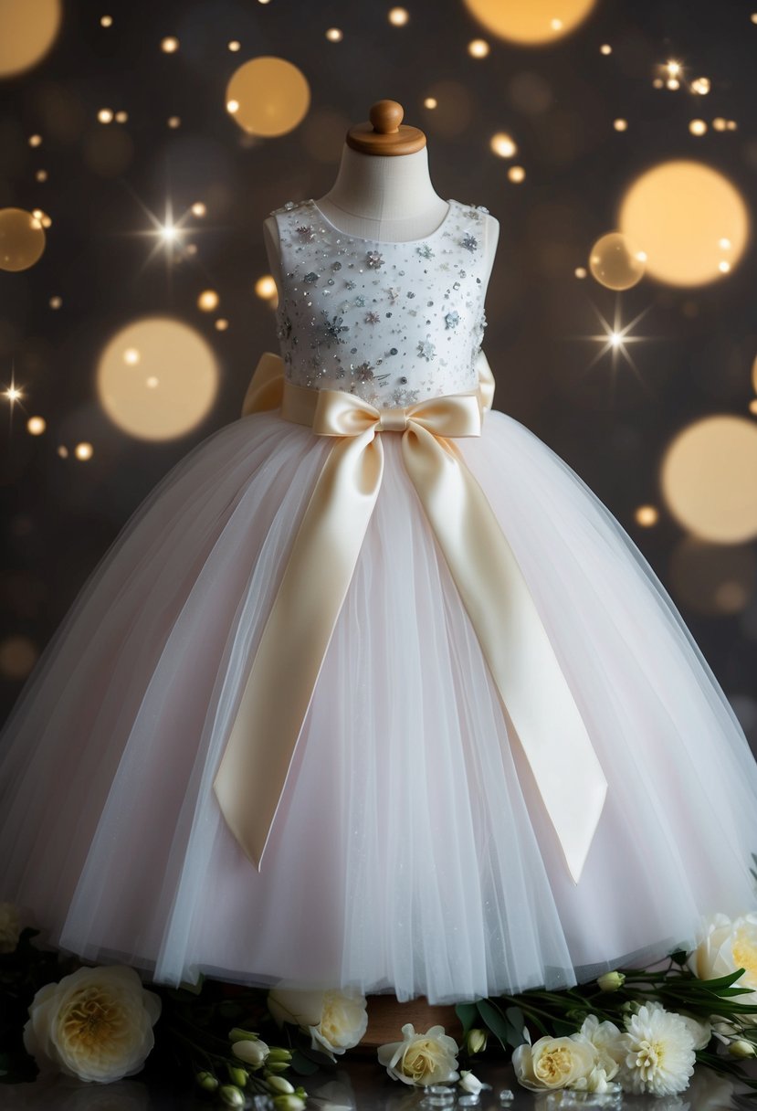 A princess-style tulle dress with a satin ribbon, surrounded by flowers and sparkles, evoking a sense of traditional wedding elegance for kids