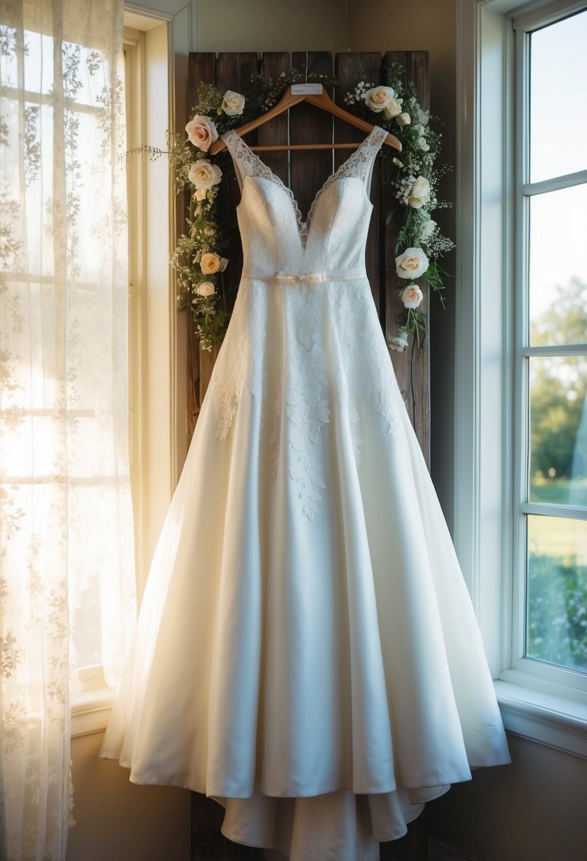 A tea-length wedding dress hangs on a rustic wooden hanger, surrounded by delicate lace and floral details. Sunlight filters through a nearby window, casting a soft glow on the dress