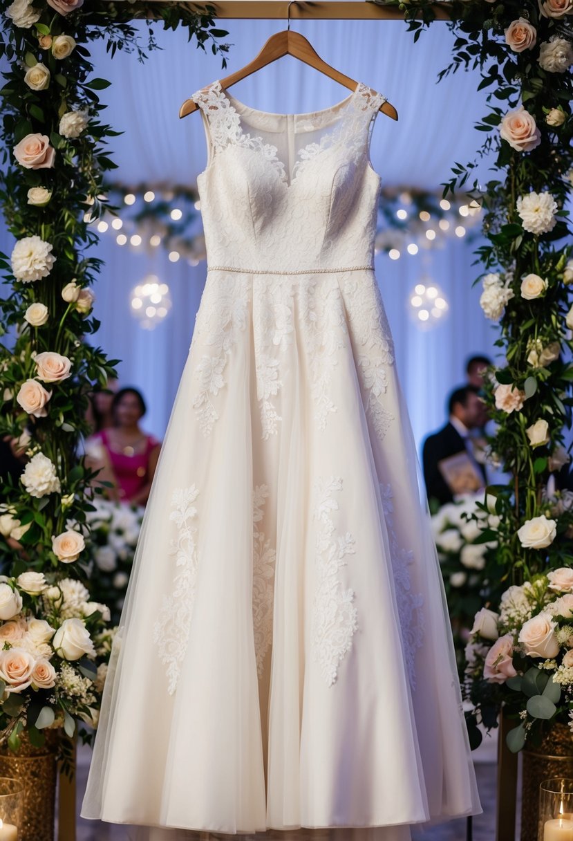 A lace cap-sleeve dress displayed on a hanger, surrounded by floral arrangements and traditional wedding decor