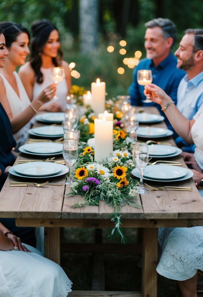 A simple wooden table adorned with wildflowers and flickering candles, surrounded by intimate friends and family