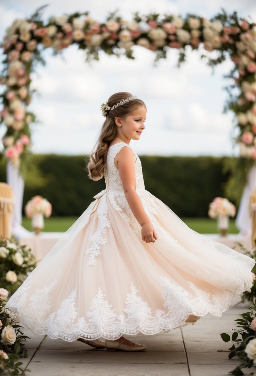 A young girl twirls in a lace overlay A-line dress, surrounded by flowers and traditional wedding decor